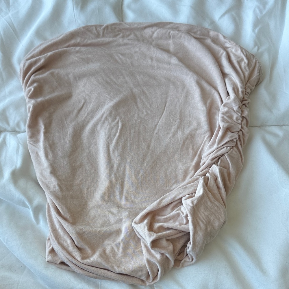 Soft Beige Ruched Strapless Crop Top